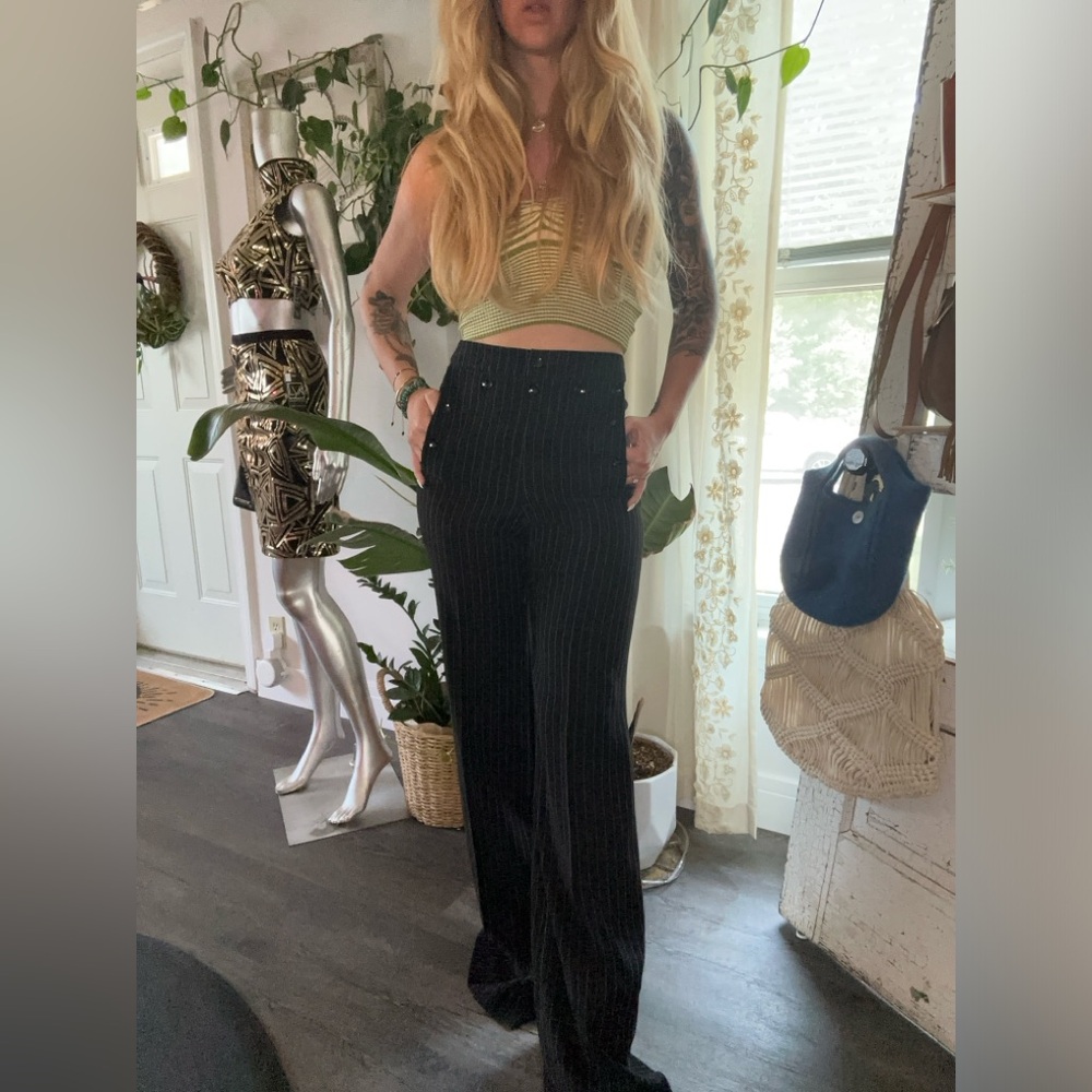 In perfect condition, black-and-white pinstripe high waisted trouser pants.